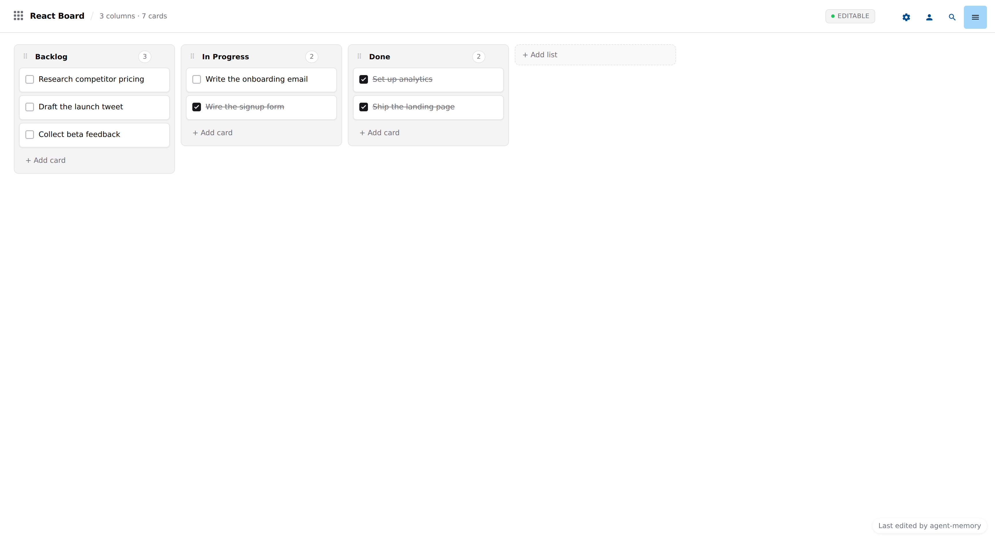 The board that "was just a template": rendered by trip2g from a plain markdown note